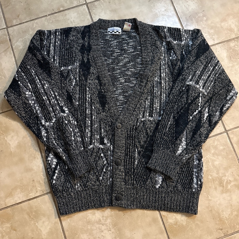 VTG Essentiels Small gray black grandpa cardigan sweater button up Knit retro